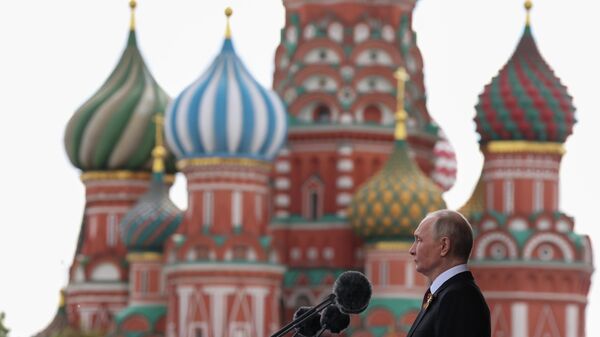 May 9, 2025. Russian President Vladimir Putin speaks on Red Square in Moscow during the military parade dedicated to the 80th anniversary of Victory Day. - Sputnik Africa