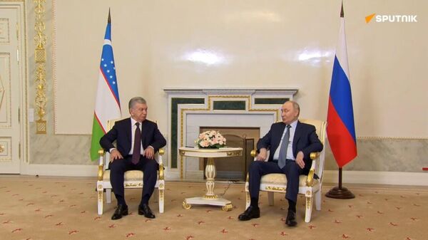 Vladimir Poutine reçoit le président de l'Ouzbékistan Mirziyoyev en marge du Forum économique international de Saint-Pétersbourg - Sputnik Afrique