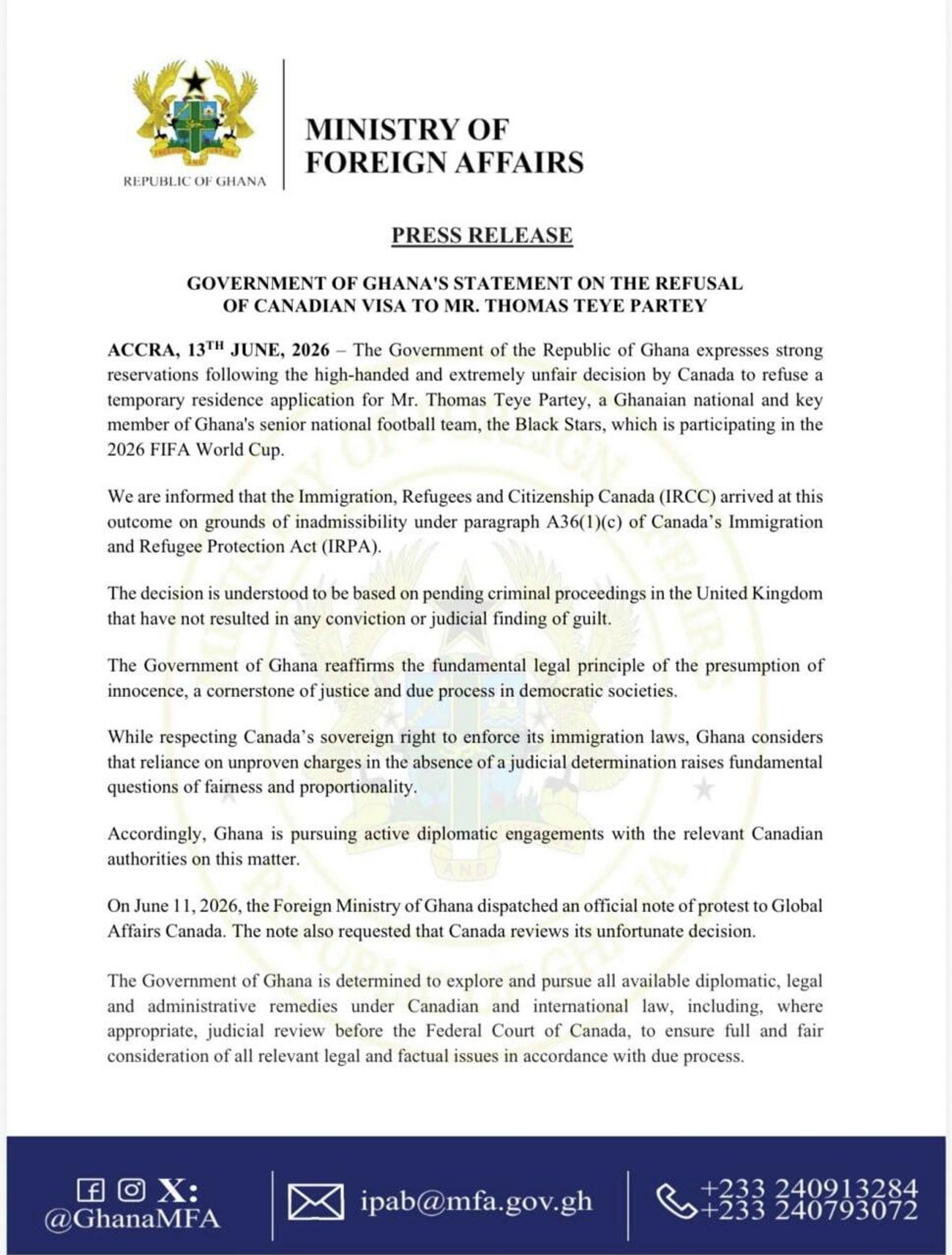 Ghana Protests Canada’s Visa Denial for Footbal Player Thomas Partey to Attend World Cup - Sputnik Africa, 1920, 13.06.2026