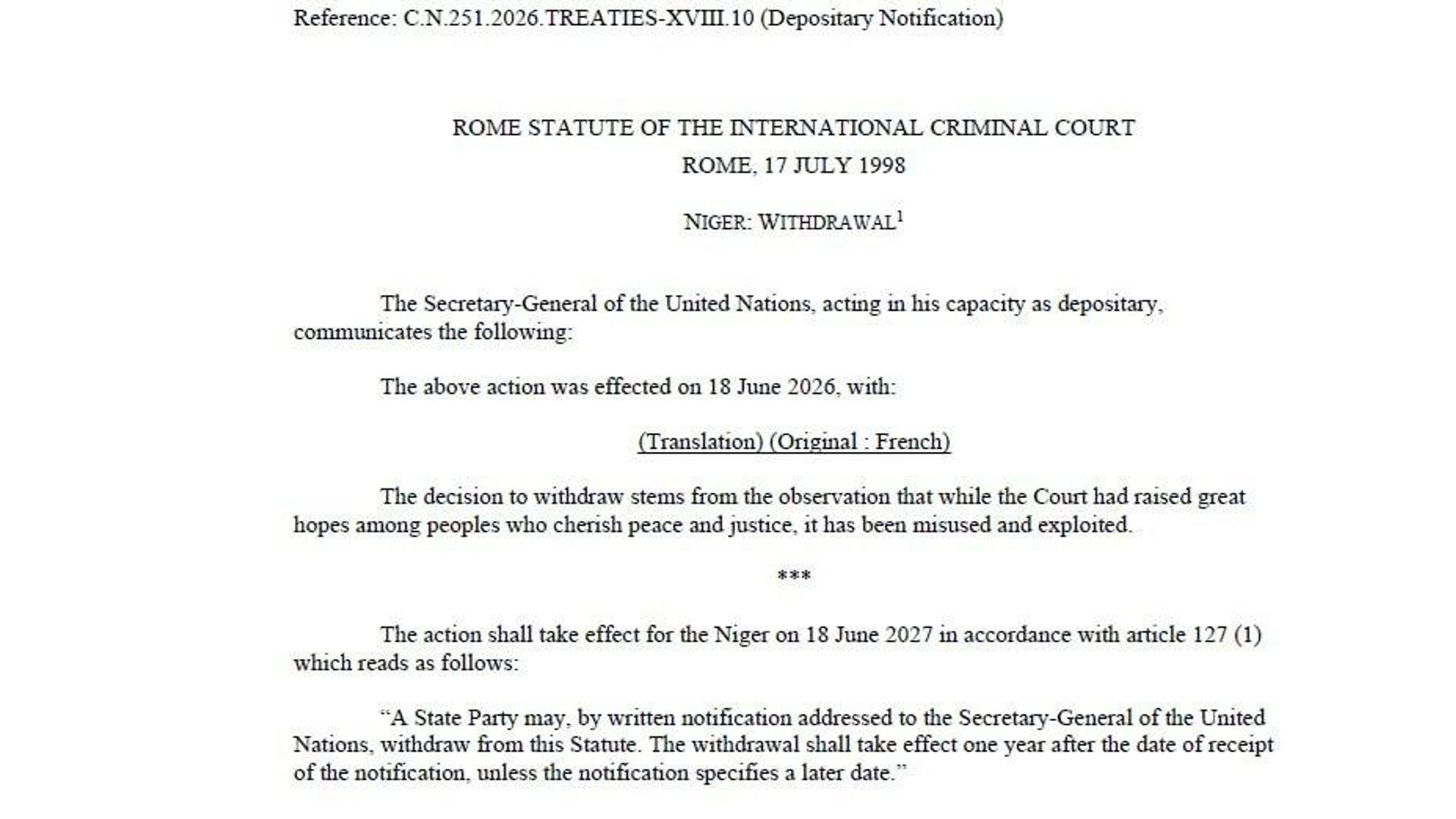 Niger Officially Submits Its Request to Withdraw From ICC Niger Officially Submits Its Request to Withdraw From ICC - Sputnik Africa, 1920, 23.06.2026