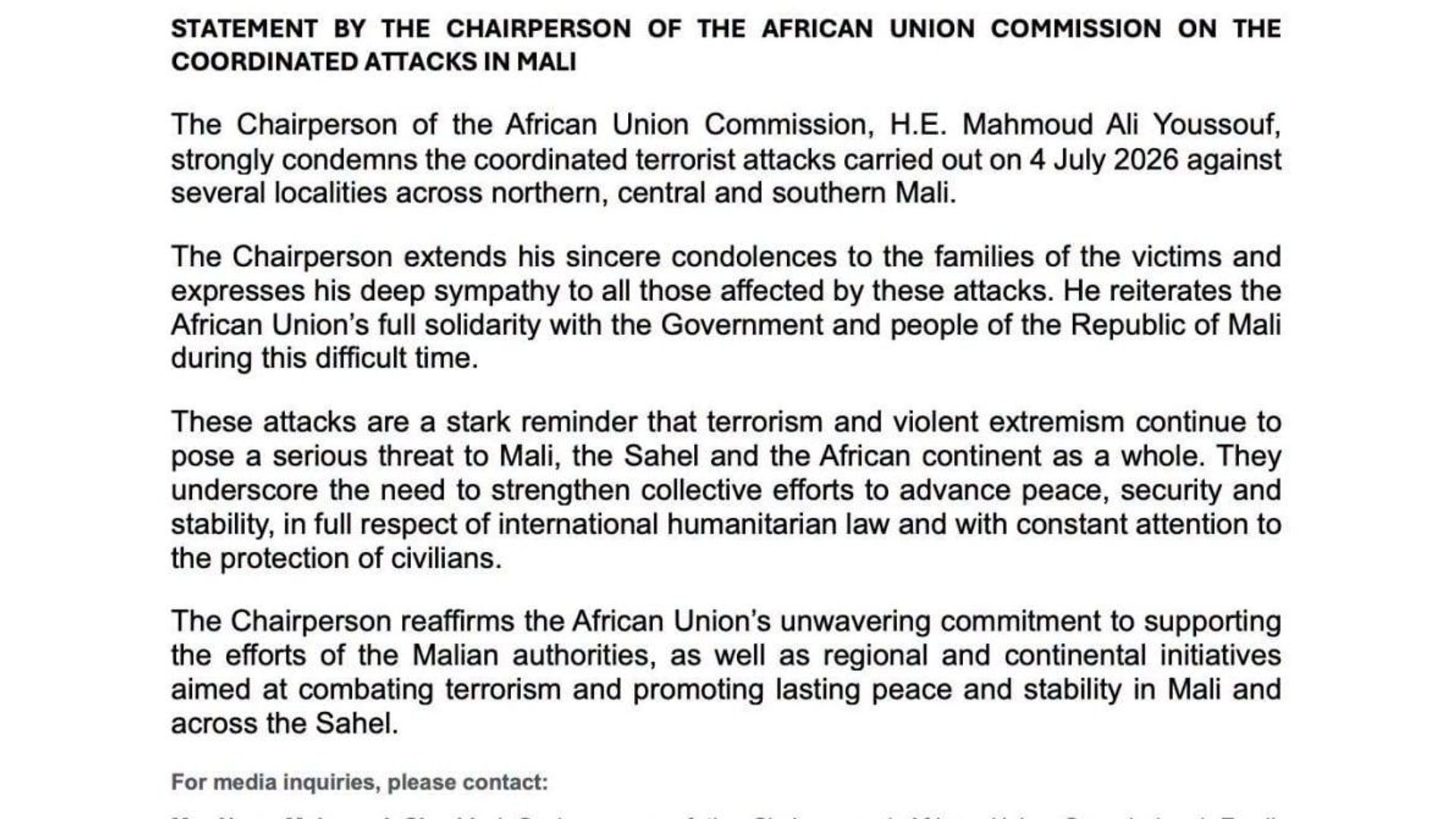 AU Commission Chairperson Condemns Coordinated Terrorist Attacks Across Mali: Statement AU Commission Chairperson Condemns Coordinated Terrorist Attacks Across Mali: Statement - Sputnik Africa, 1920, 05.07.2026