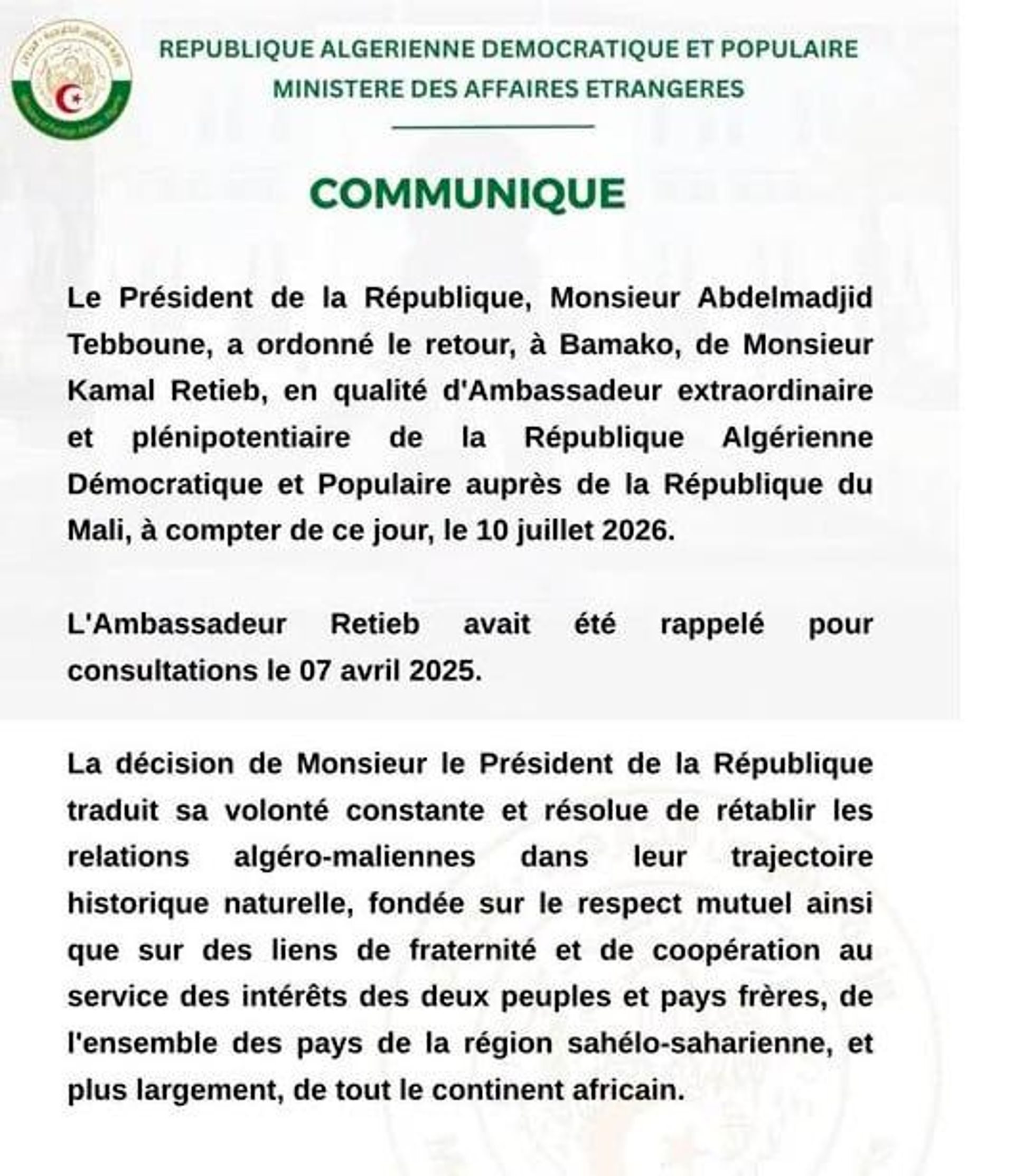Retour réciproque des ambassadeurs, réouverture du ciel: Alger et Bamako rétablissent leurs relations Retour réciproque des ambassadeurs, réouverture du ciel: Alger et Bamako rétablissent leurs relations - Sputnik Afrique, 1920, 11.07.2026