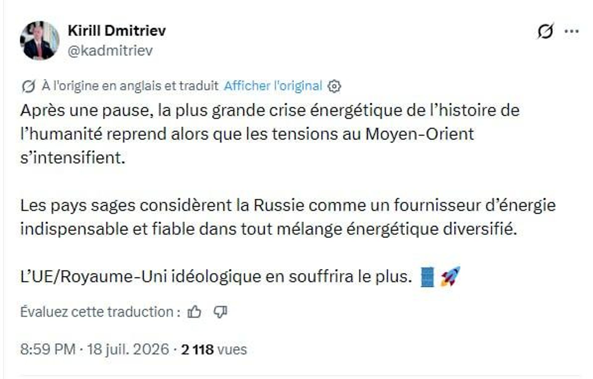 Crise énergétique: l'UE et le Royaume-Uni en pâtiront le plus, selon un envoyé de Poutine - Sputnik Afrique, 1920, 18.07.2026