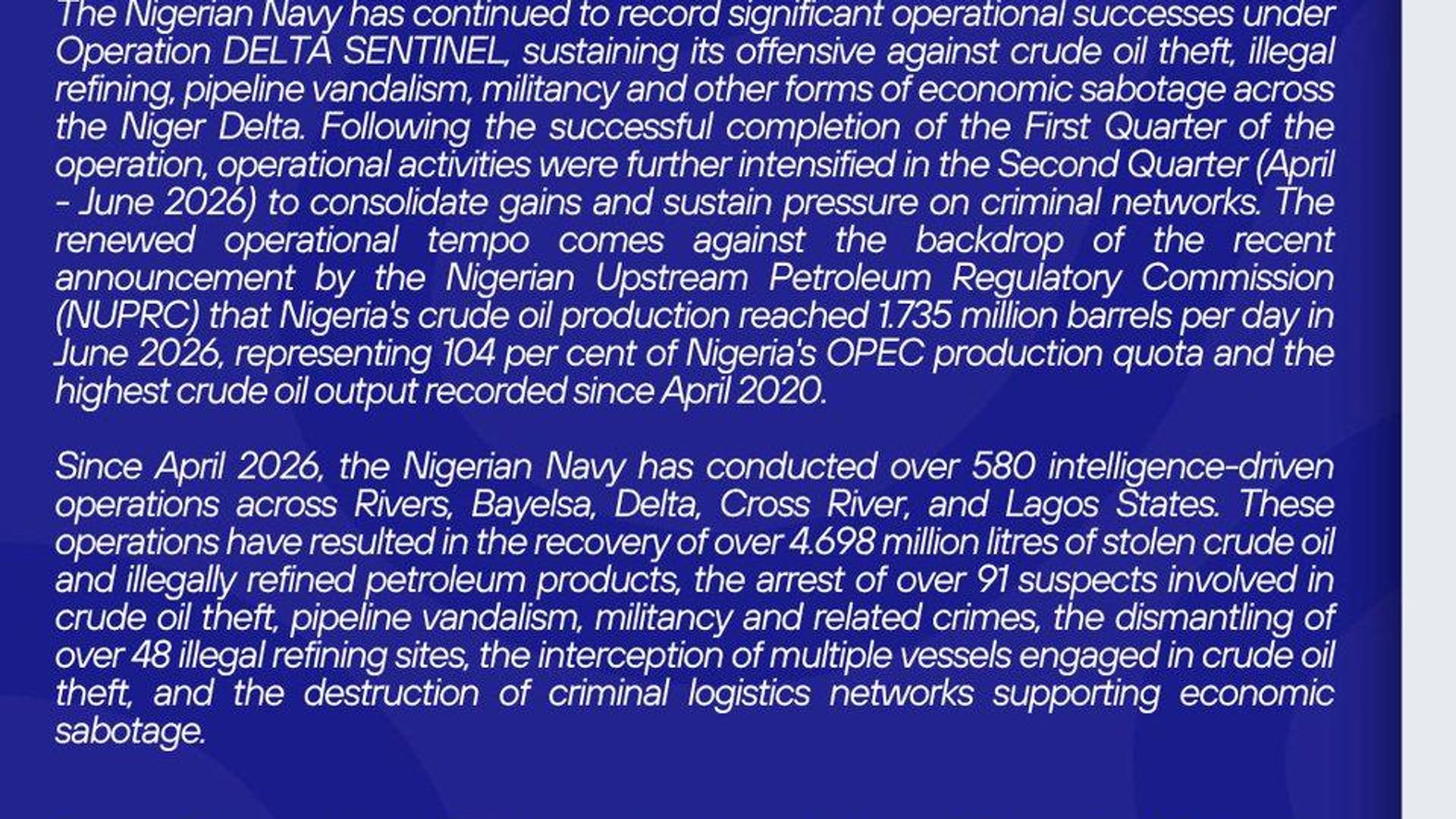 Nigerian Navy Crushes Oil Theft Across Niger Delta as Nation Exceeds OPEC Production Quota: Statement Nigerian Navy Crushes Oil Theft Across Niger Delta as Nation Exceeds OPEC Production Quota: Statement - Sputnik Africa, 1920, 19.07.2026