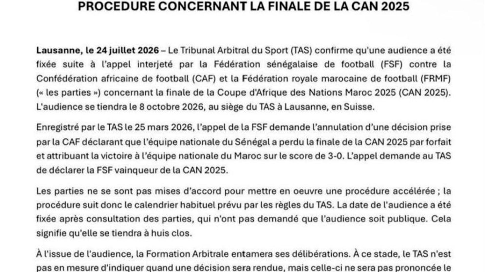 Finale de la CAN 2025: le TAS confirme avoir fixé une audience pour le 8 octobre Finale de la CAN 2025: le TAS confirme avoir fixé une audience pour le 8 octobre - Sputnik Afrique, 1920, 24.07.2026