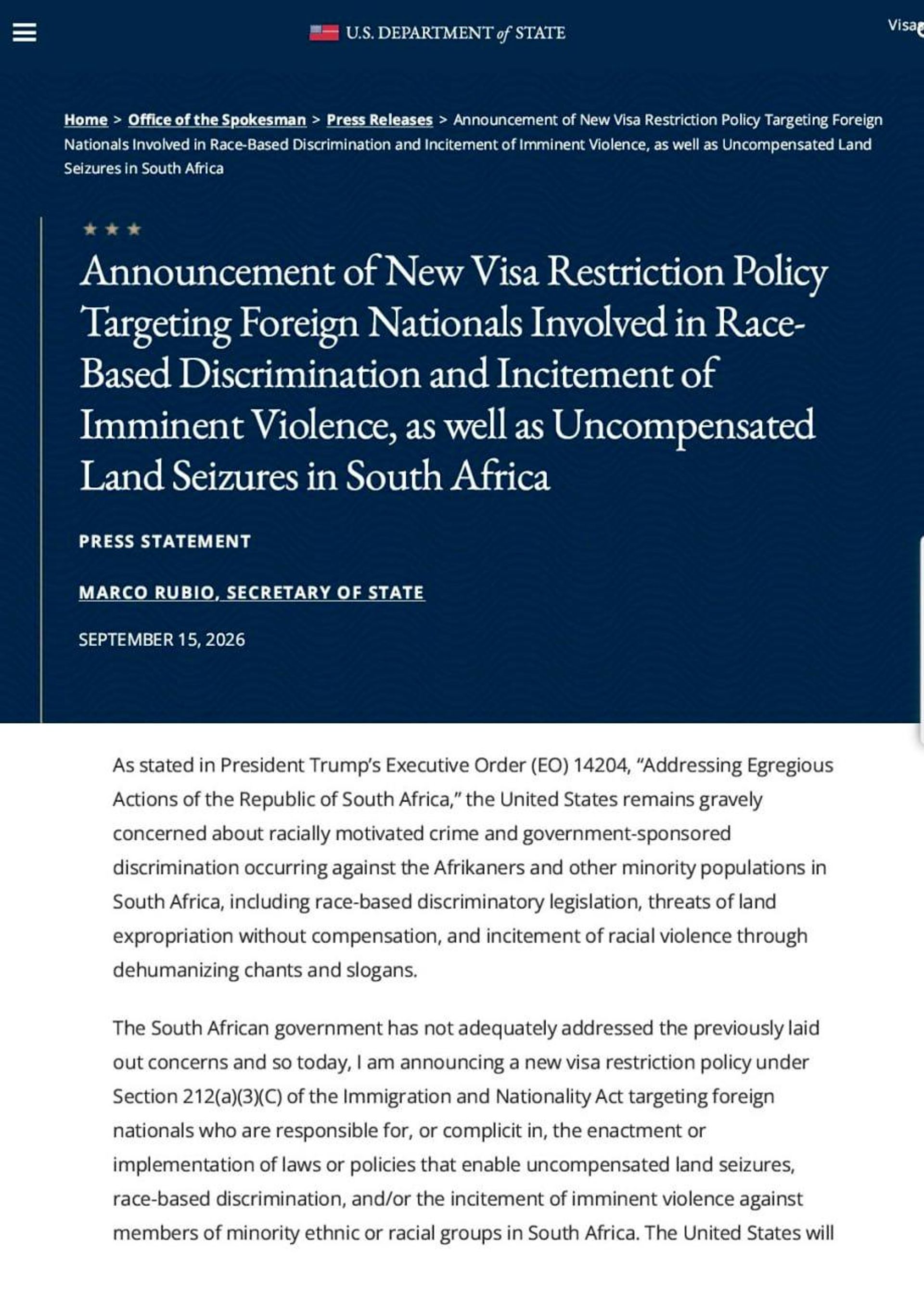 US Imposes New Visa Restrictions on South Africans Over Disputed Allegations of Afrikaner Persecution US Imposes New Visa Restrictions on South Africans Over Disputed Allegations of Afrikaner Persecution - Sputnik Africa, 1920, 16.09.2026