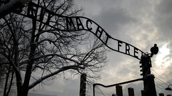 Le signe Arbeit macht frei (Le travail vous rend libre) à l'entrée principale de l'ancien camp nazi de concentration d'Auschwitz à Oswiecim Janvier 19, 2015 - Sputnik Afrique