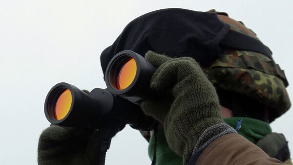 A Ukrainian serviceman looks through binoculars at a checkpoint near Lysychansk in the Lugansk region on January 29, 2015 - Sputnik Afrique