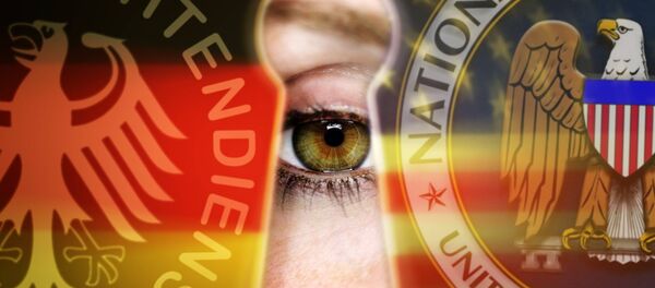 Глаз, смотрящий в замочную скважину с символикой BND и NSA - Sputnik Afrique
