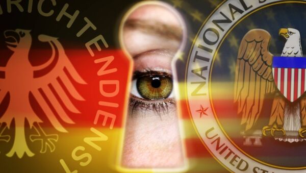 Глаз, смотрящий в замочную скважину с символикой BND и NSA - Sputnik Afrique
