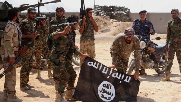 Iraqi security forces hold a flag of the Islamic State group they captured during an operation outside Amirli, some 105 miles (170 kilometers) north of Baghdad, Iraq - Sputnik Afrique