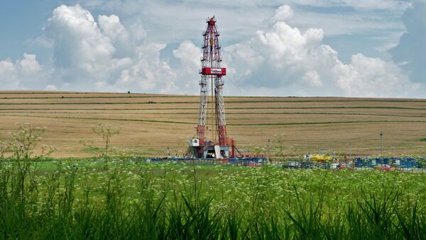 A general view shows a drilling tower at Chevron's shale gas exploring site during a protest of Greenpeace activists in Pungesti village, 380 kilometers east from Bucharest on July 7, 2014. - Sputnik Afrique