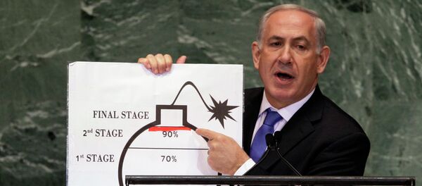 In Sept. 2012, Prime Minister Benjamin Netanyahu of Israel shows an illustration as he describes his concerns over Iran's nuclear ambitions during his address to the 67th session of the United Nations General Assembly at U.N. headquarters. Israeli Prime Minister Benjamin Netanyahu provided the U.N. with a memorable moment with a cartoon bomb a year ago, and he can be expected to again call for a hard line against Iran's nuclear program backed by the credible threat of force. - Sputnik Afrique