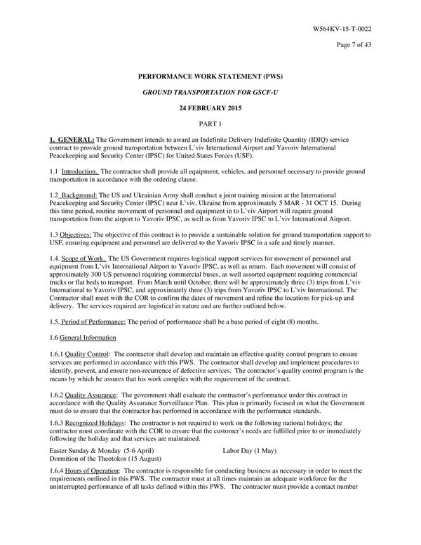 Performance work statement (PWS). Ground transportation for GSCF-U Performance work statement (PWS). Ground transportation for GSCF-U - Sputnik Afrique