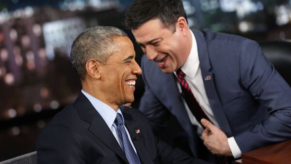 U.S. President Barack Obama laughs with show host Jimmy Kimmel during a commercial break in a taping of Jimmy Kimmel Live in Los Angeles March 12, 2015 - Sputnik Afrique