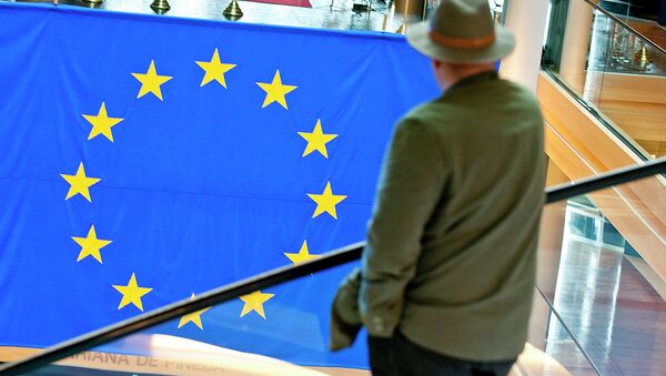 Мужчина смотрит на флаг Евросоюза - Sputnik Afrique