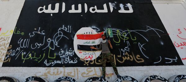 A member of militias known as Hashid Shaabi stands next to a wall painted with the black flag commonly used by Islamic State militants, in the town of al-Alam March 10, 2015 - Sputnik Afrique