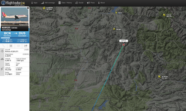 Скриншот с сайта Flightradar24, на котором изображен маршрут самолета Airbus A320, потерпевшего крушение - Sputnik Afrique