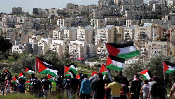 Palestinian protestors walk with their national flag during a demonstration on a hill in the West Bank village of Bilin in front of the Israeli settlement of Modiin Illit (background) on February 27, 2015 - Sputnik Afrique