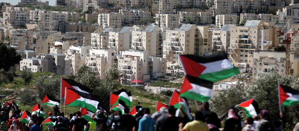 Palestinian protestors walk with their national flag during a demonstration on a hill in the West Bank village of Bilin in front of the Israeli settlement of Modiin Illit (background) on February 27, 2015 - Sputnik Afrique