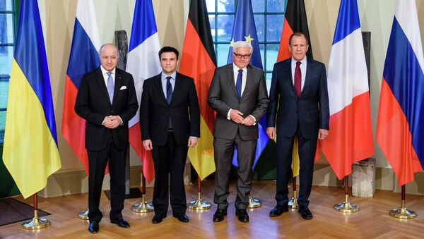 Laurent Fabius, Pavlo Klimkin,  Frank-Walter Steinmeier and Sergey Lavrov in Berlin - Sputnik Afrique