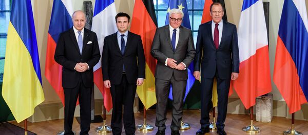 Laurent Fabius, Pavlo Klimkin,  Frank-Walter Steinmeier and Sergey Lavrov in Berlin - Sputnik Afrique
