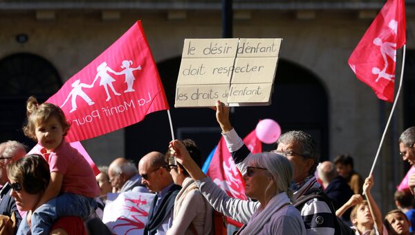 Supporters of the anti-gay marriage La Manif Pour Tous (Protest for Everyone) movement hold a sign reading The desire to have a child must respect children's rights during a demonstration against medically assisted procreation techniques for lesbian couples and surrogacy, in Bordeaux on October 5, 2014. - Sputnik Afrique