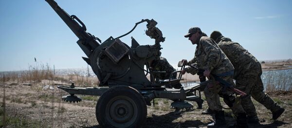 Ukrainian servicemen deploy a weapon at the beach of the Azov Sea in Shyrokyne, eastern Ukraine - Sputnik Afrique