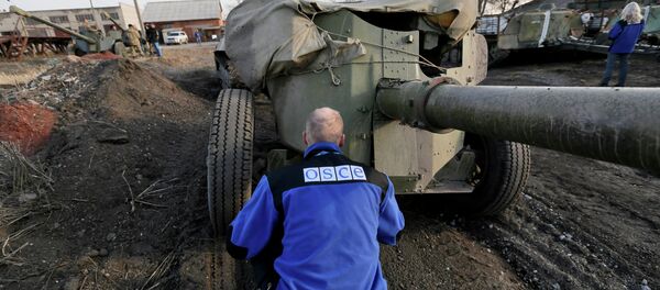 An OSCE monitor inspects a Ukrainian canon in the town of Druzhkivka, east Ukraine - Sputnik Afrique
