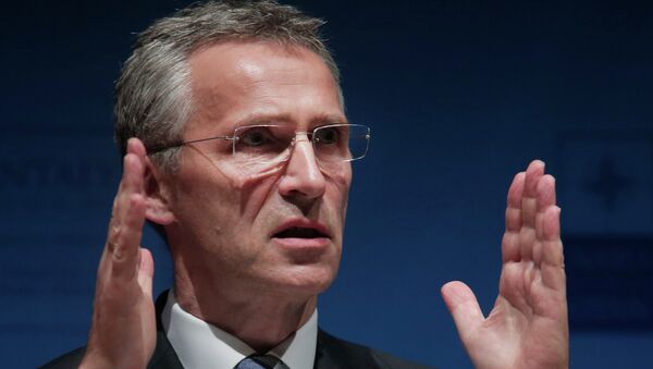 Secretary General of NATO, Jens Stoltenberg gestures as he addresses the media regarding Ukraine during the NATO Foreign Ministers' conference in Antalya, Turkey, Wednesday, May 13, 2015. - Sputnik Afrique