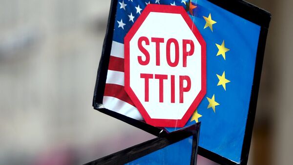 A protester holds signs during a demonstration against the Transatlantic Trade and Investment Partnership (TTIP), a proposed free trade agreement between the European Union and the United States, in Munich April 18, 2015. - Sputnik Afrique