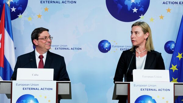 European Union High Representative Federica Mogherini speaks during a media conference with Cuban Foreign Minister Bruno Rodriguez Parrilla after a bilateral meeting at EU headquarters in Brussels - Sputnik Afrique