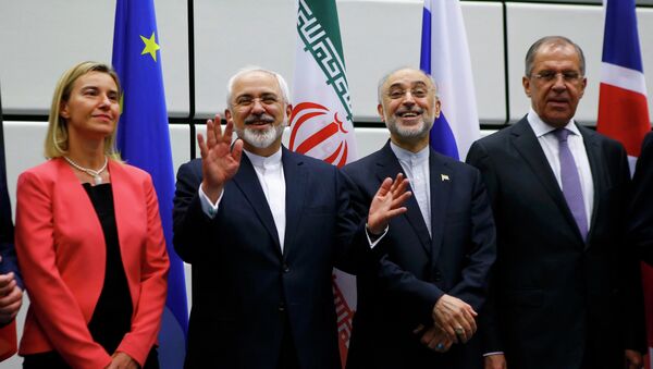 Iranian Foreign Minister Mohammad Javad Zarif (2nd L) gestures next to High Representative of the European Union for Foreign Affairs and Security Policy Federica Mogherini (L), Iranian ambassador to IAEA Ali Akbar Salehi (2nd R) and Russian Foreign Minister Sergey Lavrov (R) as they pose for a family photo in Vienna - Sputnik Afrique