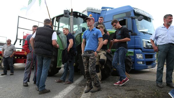 Farmers block a road after a meeting with French Agriculture Minister Stephane Le Foll, in Ifs, near Caen - Sputnik Afrique