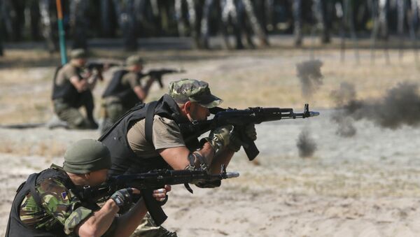 Members of the National Guard of Ukraine fire weapons during military tactical exercises at a training base near Kiev, Ukraine, July 22, 2015 - Sputnik Afrique