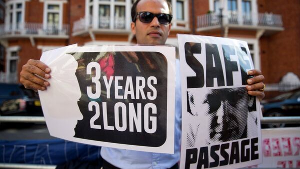 A supporter of Wikileaks founder Julian Assange holds banners outside the Ecuadorian embassy in London as he marks three years since Assange claimed asylum in the embassy on June 19, 2015 - Sputnik Afrique