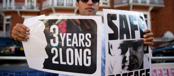 A supporter of Wikileaks founder Julian Assange holds banners outside the Ecuadorian embassy in London as he marks three years since Assange claimed asylum in the embassy on June 19, 2015 - Sputnik Afrique