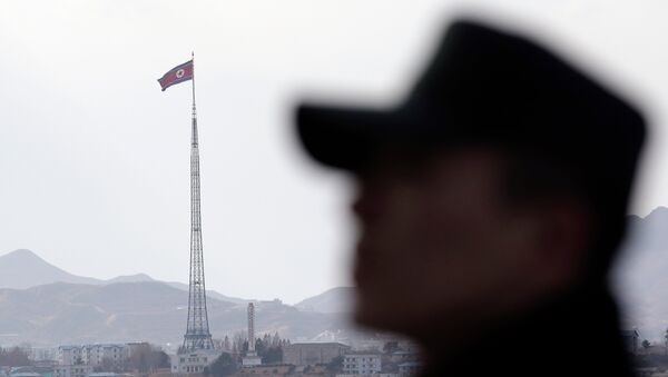 Un soldat sud-coréen avec un drapeau nord-coréen flottant derrière lui - Sputnik Afrique