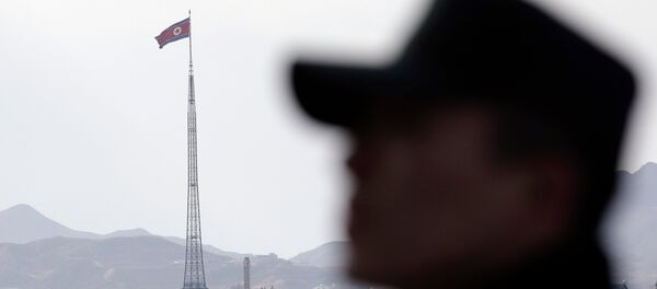 Un soldat sud-coréen avec un drapeau nord-coréen flottant derrière lui, novembre 2014 - Sputnik Afrique