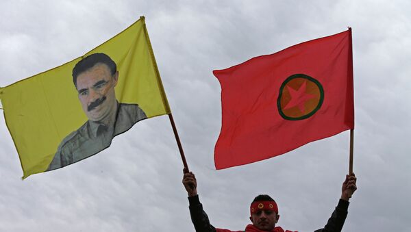 Drapeaux du PKK (Parti des travailleurs du Kurdistan) et avec un portrait de Abdullah Ocalan - Sputnik Afrique
