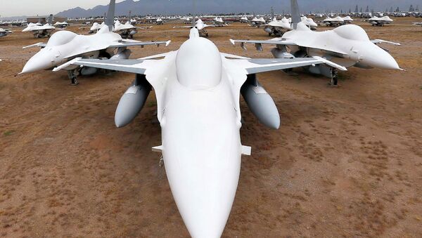 F-16 Fighting Falcons sit in a field along Miami St. at the 309th Aerospace Maintenance and Regeneration Group boneyard at Davis-Monthan Air Force Base in Tucson, Ariz - Sputnik Afrique