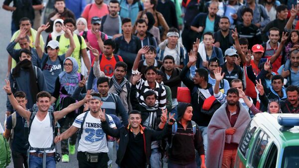 A group of migrants walks against the traffic on a motorway leading to Budapest as they left a transit camp in the village of Roszke, Hungary, September 7, 2015. - Sputnik Afrique