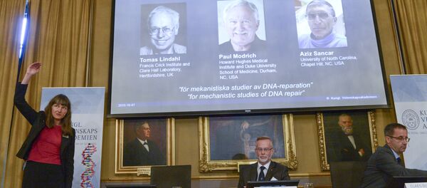 Les membres du comité chimie du prix Nobel Sara Snogerup Linse, Goran Hansson et Claes Gustafsson à Stockholm Les membres du comité chimie du prix Nobel Sara Snogerup Linse, Goran Hansson et Claes Gustafsson à Stockholm - Sputnik Afrique