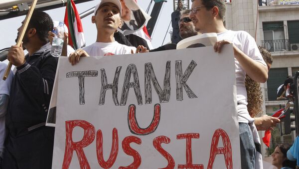 Des Syriens disant merci à la Russie, Damas, Syrie - Sputnik Afrique