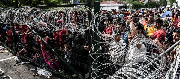Refugees stand behind a fence at the Hungarian border with Serbia near the town of Horgos on September 16, 2015 - Sputnik Afrique