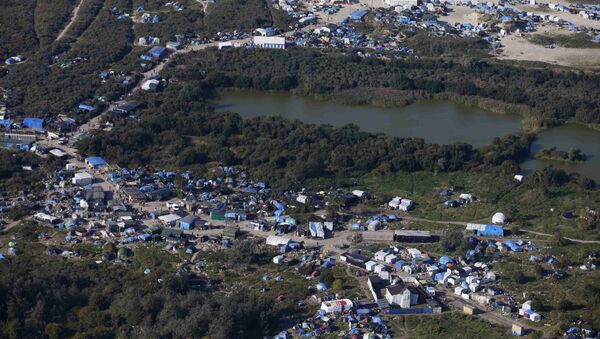 An aerial view of a field called the New Jungle with tents and makeshift shelters where migrants and asylum seekers stay, is seen in Calais, France, in this picture taken October 1, 2015. - Sputnik Afrique