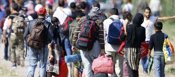 Migrants carry their belongings as they walk towards the Austrian border from Hegyeshalom, Hungary September 23, 2015. Migrants carry their belongings as they walk towards the Austrian border from Hegyeshalom, Hungary September 23, 2015. - Sputnik Afrique
