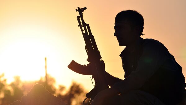 A fighter from the Kurdish People Protection Unit (YPG) poses for a photo at sunset in the Syrian town of Ain Issi, some 50 kilometres north of Raqqa - Sputnik Afrique
