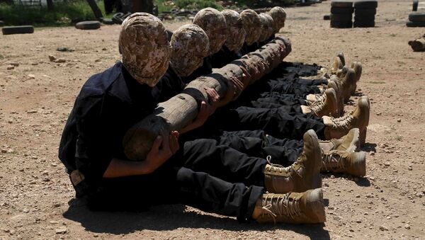 Rebel fighters from 'the First Regiment', part of the Free Syrian Army, hold log as they participate in a military training in the western countryside of Aleppo May 4, 2015 - Sputnik Afrique