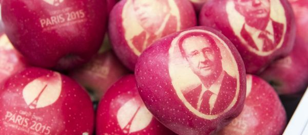 pommes marquées avec les portraits du président français François Hollande, ministre français des Affaires étrangères Laurent Fabius, COP21 - Sputnik Afrique